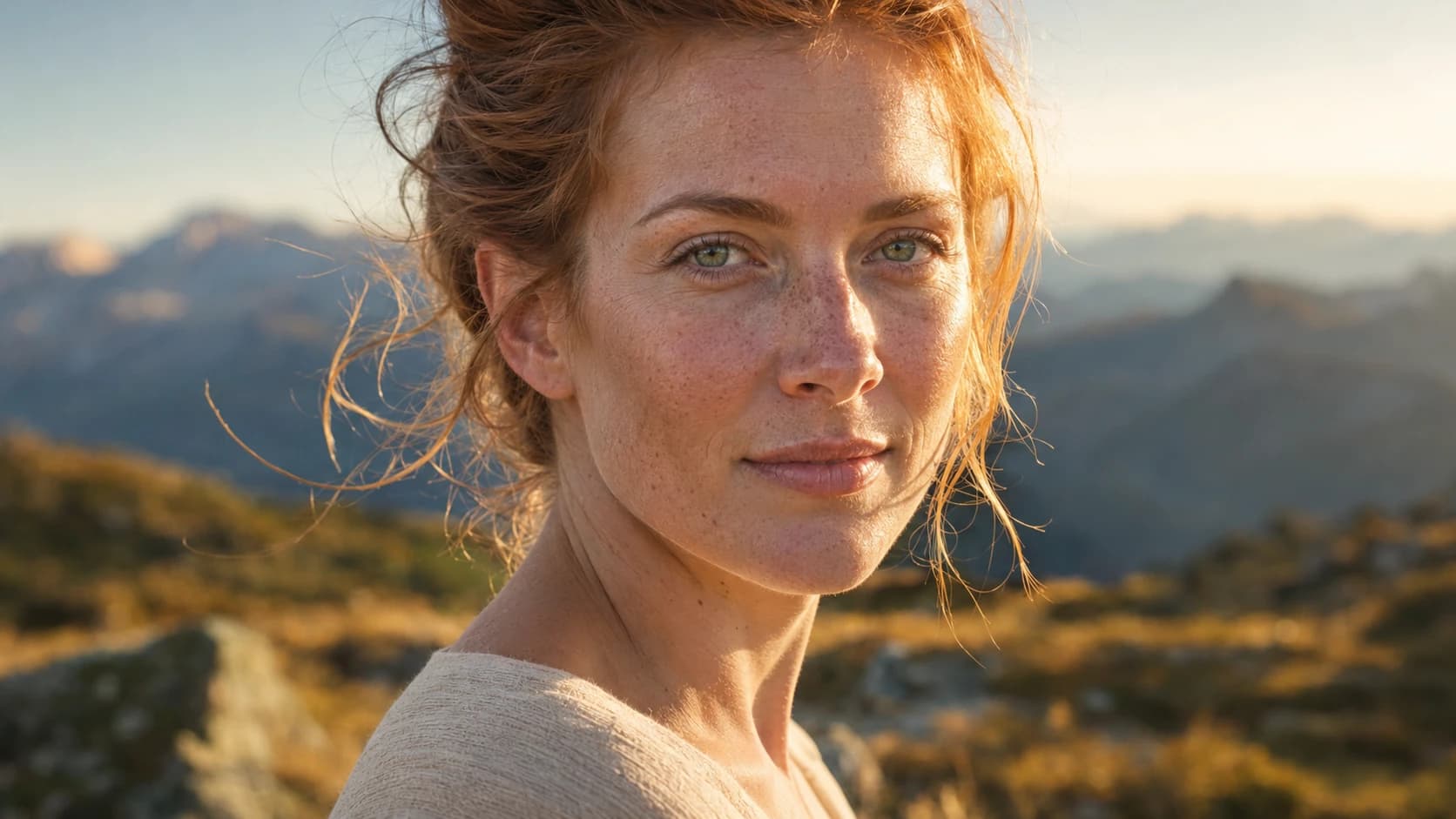 Portrait of a woman with auburn hair in an alpine meadow, illustrating biological age and longevity