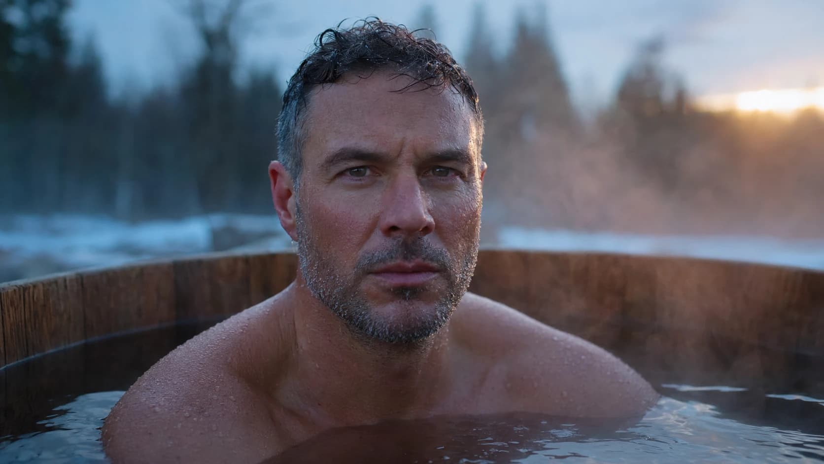 Man in a cedar cold plunge at dawn with rising steam, illustrating cold exposure and recovery