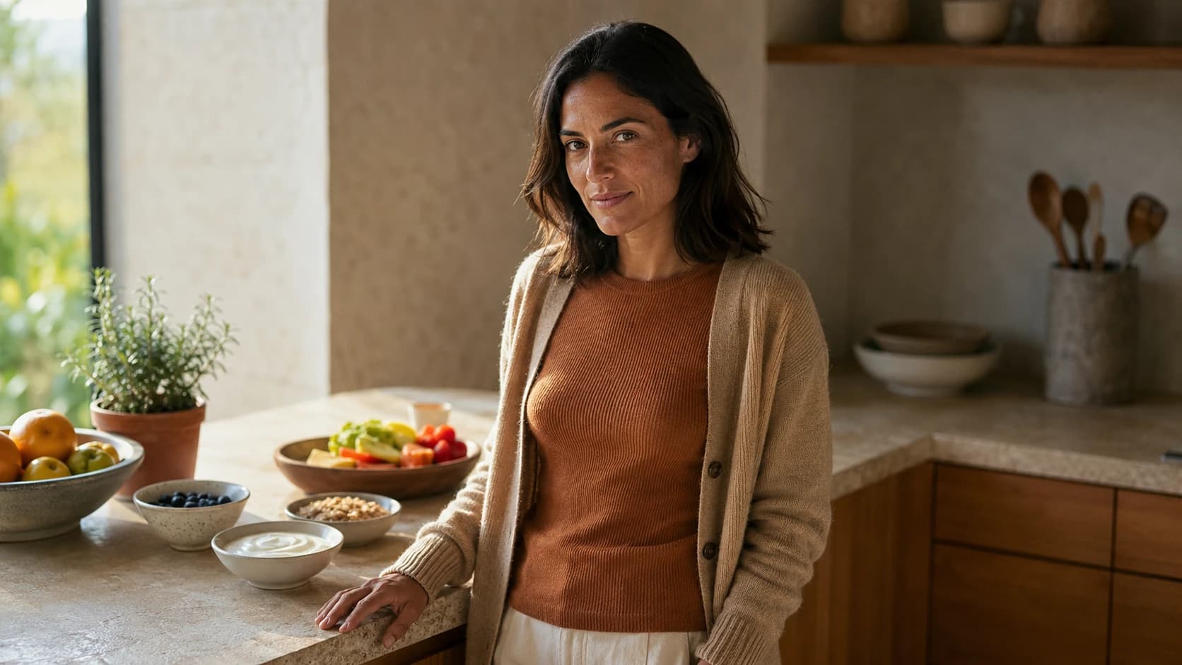 Woman in soft knitwear at a Mediterranean kitchen counter, illustrating meal timing and when you eat