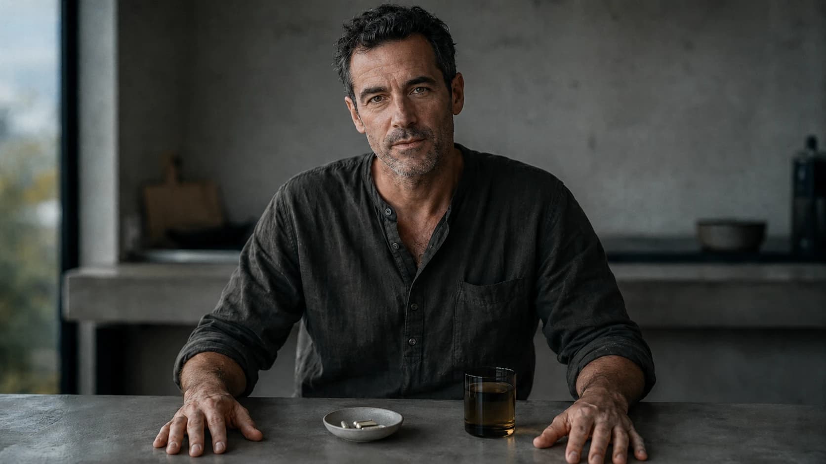 Man at a kitchen counter with loose capsules and an amber glass, illustrating NMN and NAD+ supplements