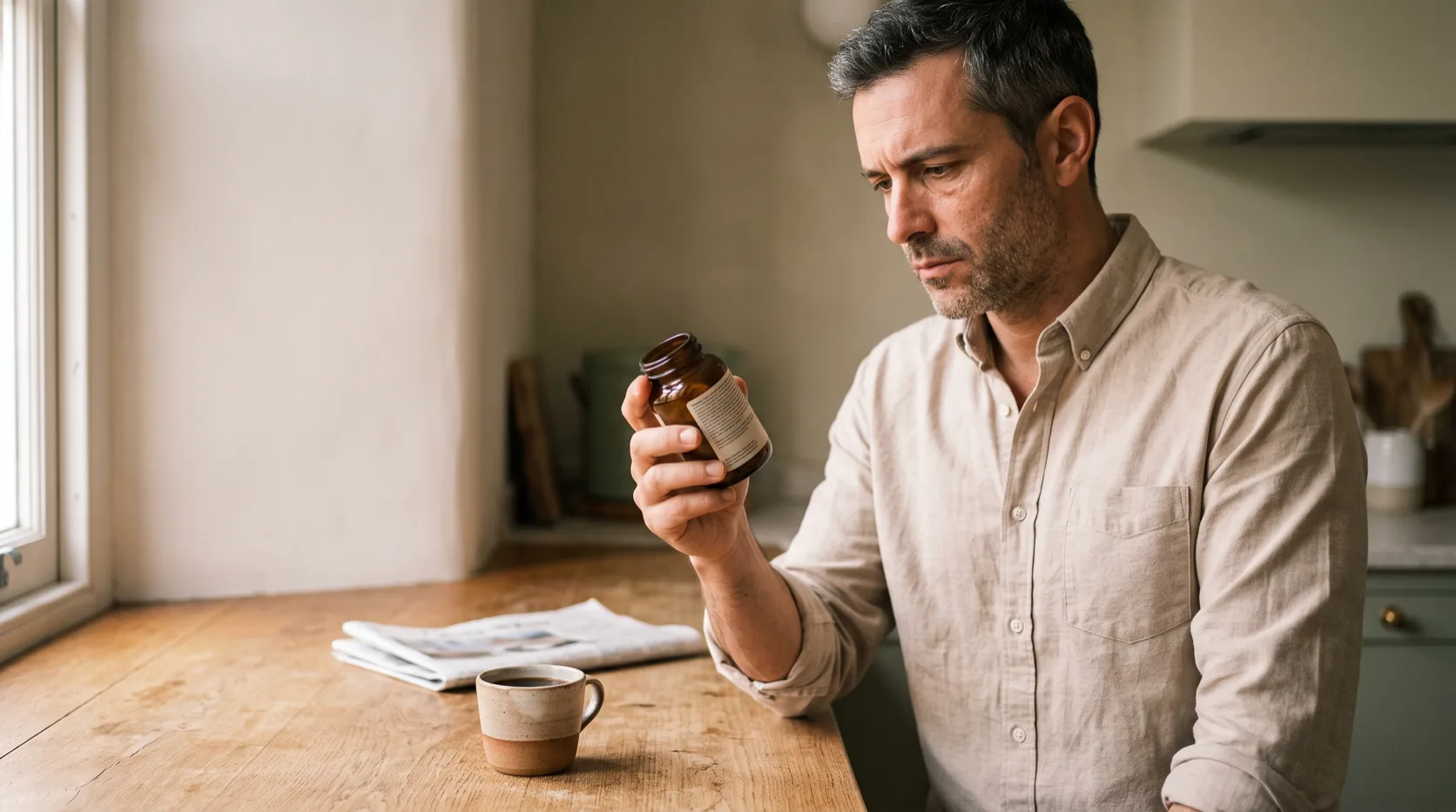 Man in his forties at a kitchen counter turning a supplement jar to read the small print on the back